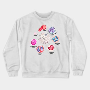 Blood cells. RBCs. WBCs, Basophil, Platelet, thrombocyte, Neutrophil, B-Lymphocyte, Monocyte, Eosinophil. Crewneck Sweatshirt